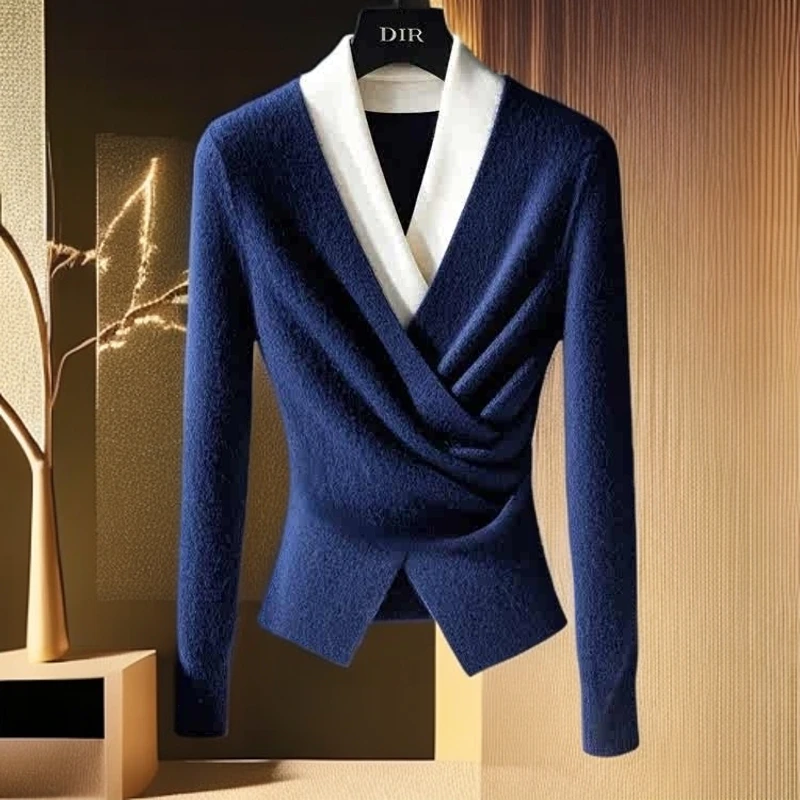 2024年冬洋气独特别致打底上衣假两件针织衫高级感超好看蓝色毛衣