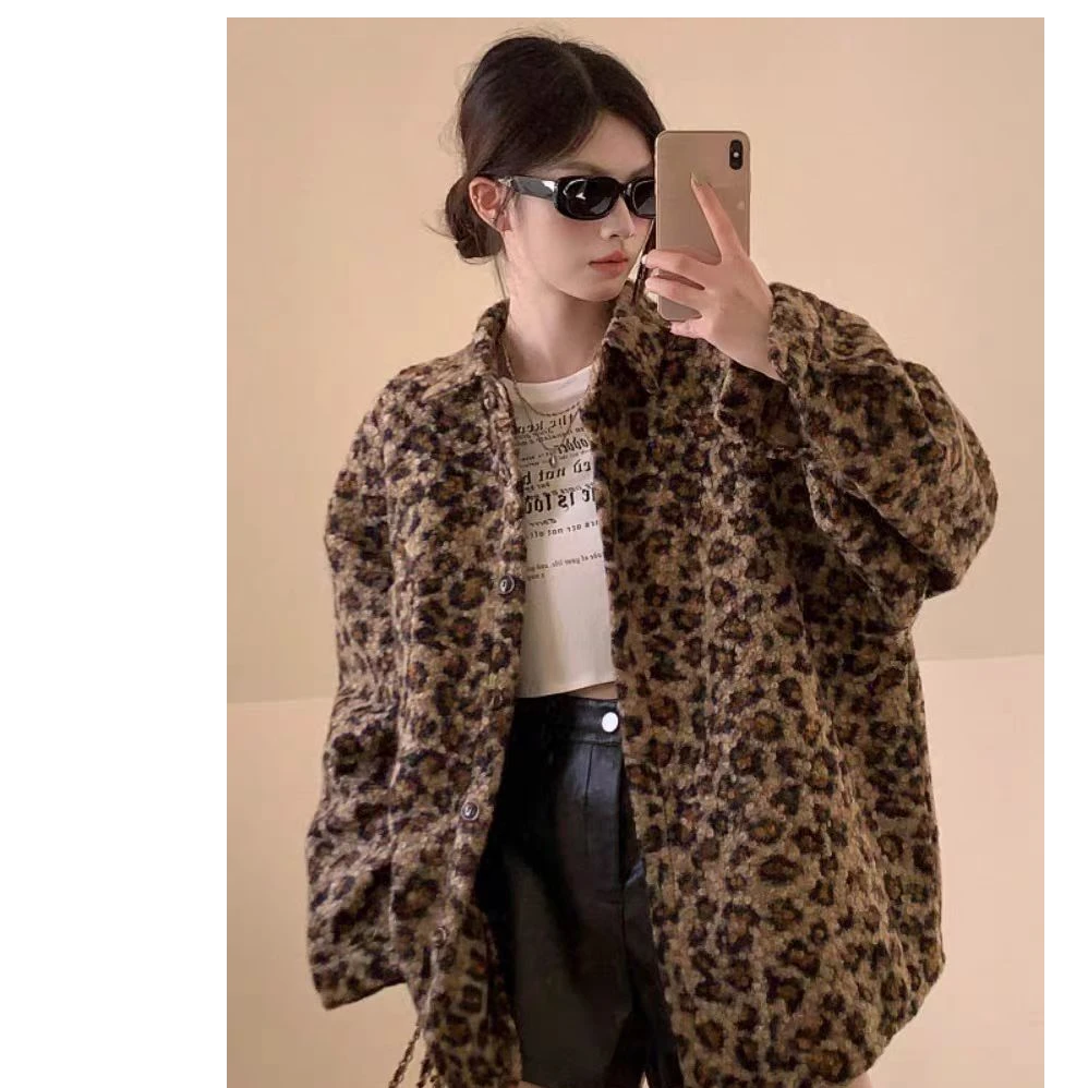 美式复古豹纹毛绒外套女2024秋冬季慵懒风宽松气质中长款百搭上衣