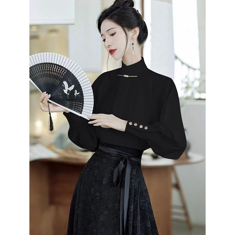 配马面裙的上衣新中式国风长袖衬衣黑色汉服女款气质立领对襟衬衫