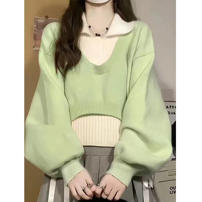 韩系宽松慵懒风粉色polo领毛衣女春秋学院风针织衫两件套短款上衣