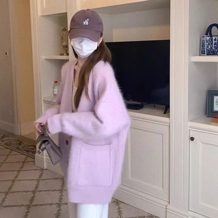 秋冬仿水貂毛V领毛衣外套女宽松慵懒奶fufu软糯针织开衫上衣厚款