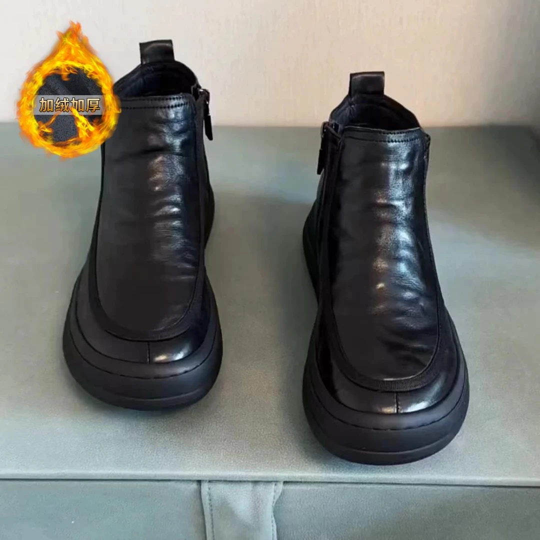 2025秋冬季加绒牛皮休闲板鞋新款高帮男士黑色透气韩版休闲男皮鞋