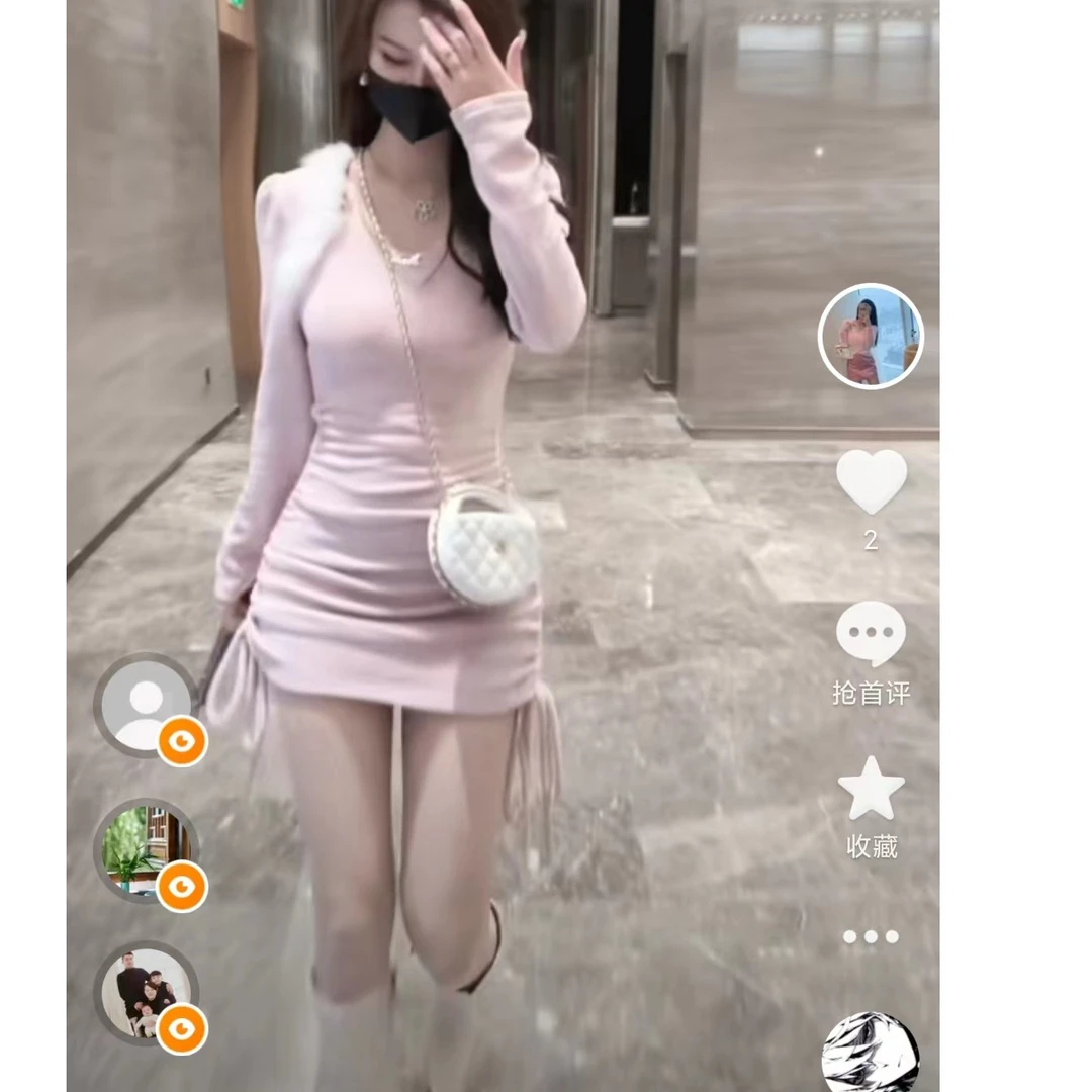 方领毛毛辣妹裙保暖针织女士紧身打底高腰包臀百搭