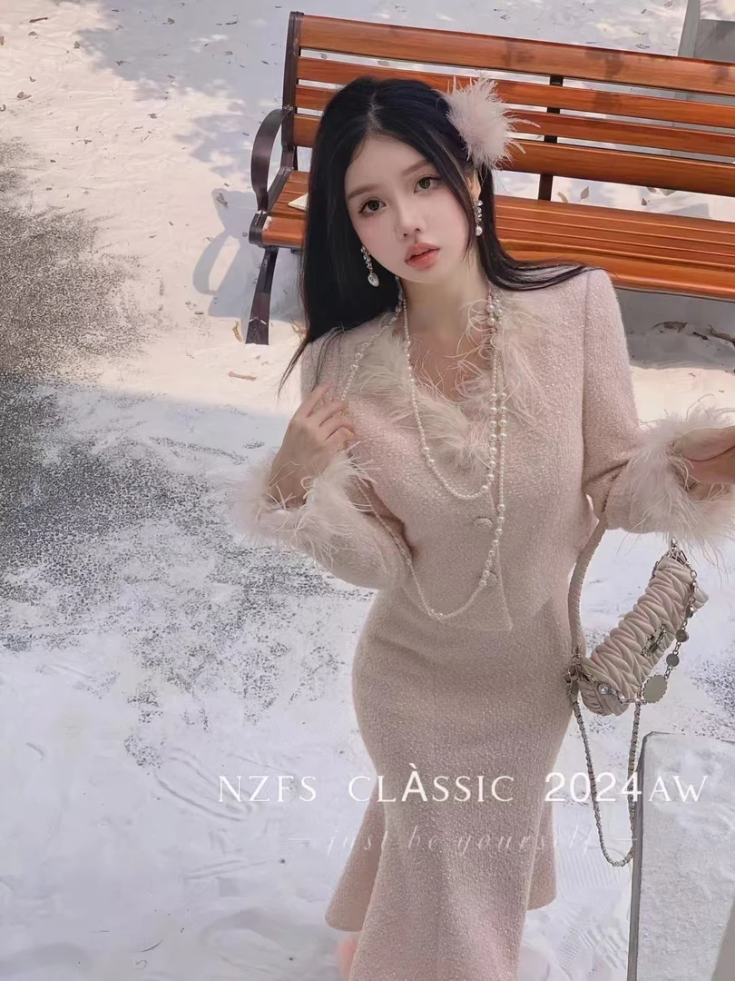 保暖外套鱼尾裙套装显瘦显瘦气质网红网红时尚重工秋冬收腰法式