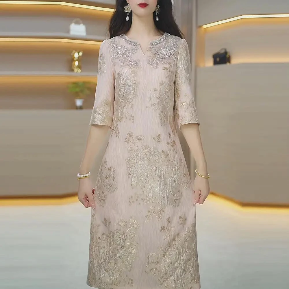 广州十三行中袖连衣裙2024新款女初秋装轻奢高级感旗袍喜婆婆礼服