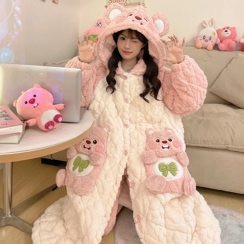 珊瑚绒睡袍女秋冬款三层夹棉2024新款爆款冬季加厚加绒套装家居服