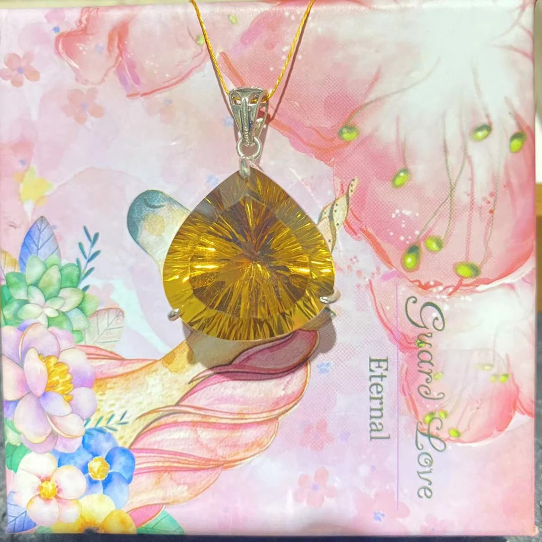 天然黄水晶吊坠暴力黄S925银精工镶嵌时尚百搭轻奢