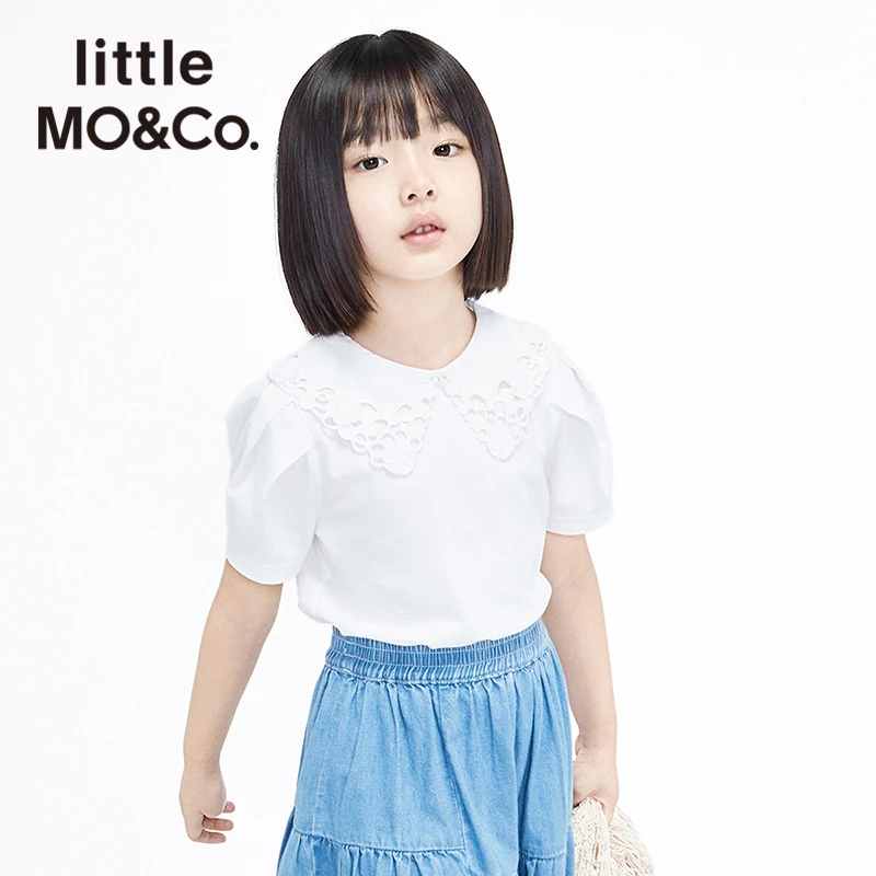 littlemoco童装22新款绣花翻领白色短袖上衣时髦洋气#KBA2TOP024