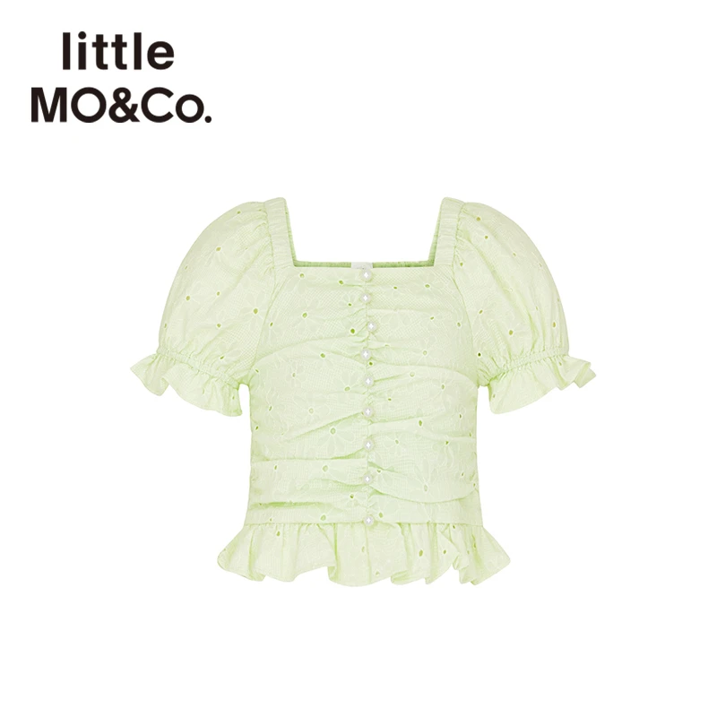 littlemoco童装夏季衬衫提花泡泡袖法式方领短款#KBA2TOP007