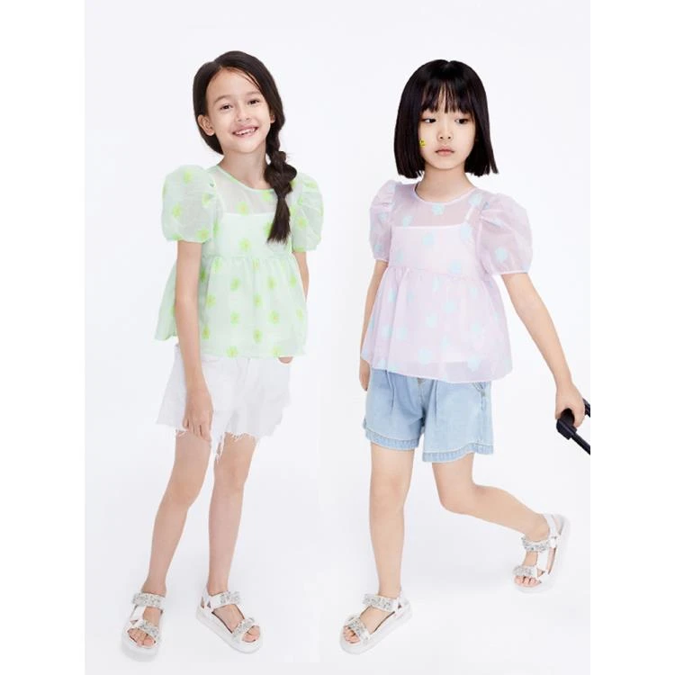 littlemoco童装春夏季薄欧根纱衬衫提花法式泡泡袖#KBA2TOP010