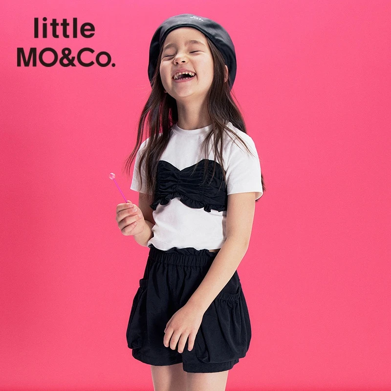 littlemoco童装夏季女童短袖T恤洋气蝴蝶结抽褶上衣#KBB2TOPT10