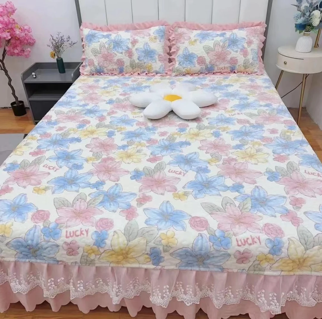 【花季物语】双层蕾丝花边夹棉加厚升级款绗缝宝宝绒蕾丝花边床盖