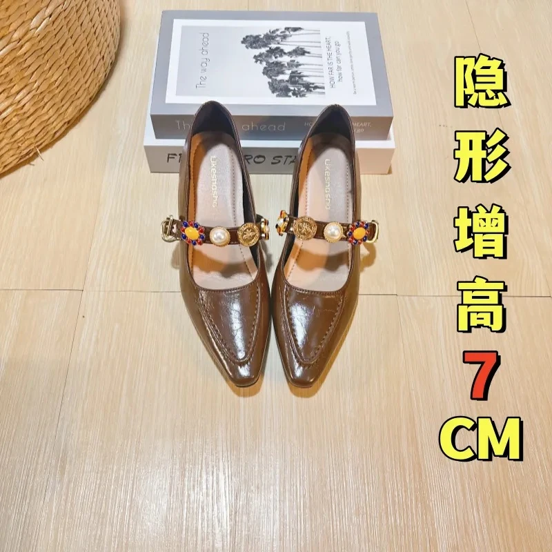 小方头复古真皮内增高7CM玛丽珍高跟鞋女新款小个子粗跟单鞋子秋