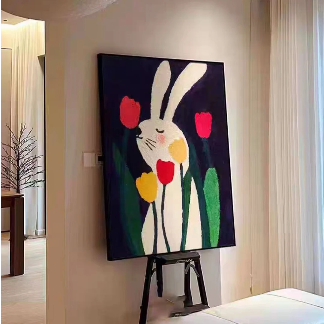 彩色傲娇小兔儿童房床头挂画砂岩装饰画玄关客厅壁画兔子6080