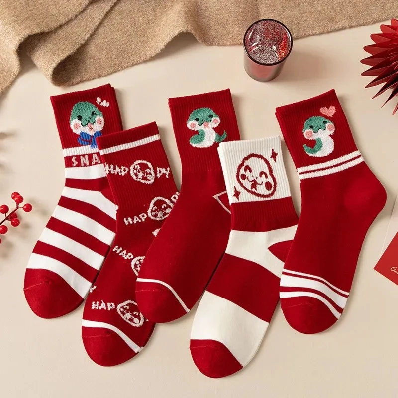 2025蛇年本命年袜子纯棉女新款红属蛇红色中筒冬季长筒可爱条纹