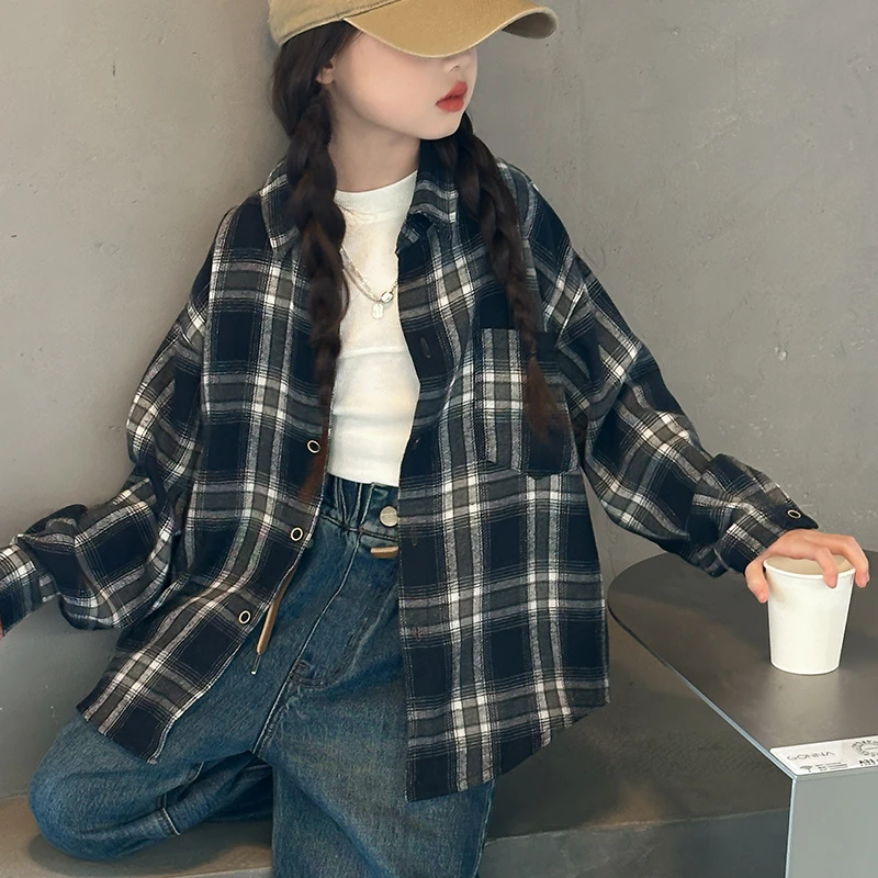 女大童格子衬衫春秋装2025新款洋气儿童女孩百搭长袖开衫衬衣外套