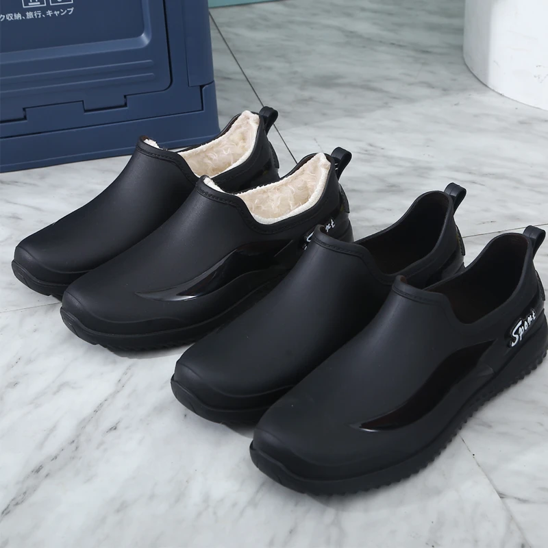 低帮时尚雨鞋男户外工作防水鞋厨师防滑胶鞋新款钓鱼厚绒耐磨轻便