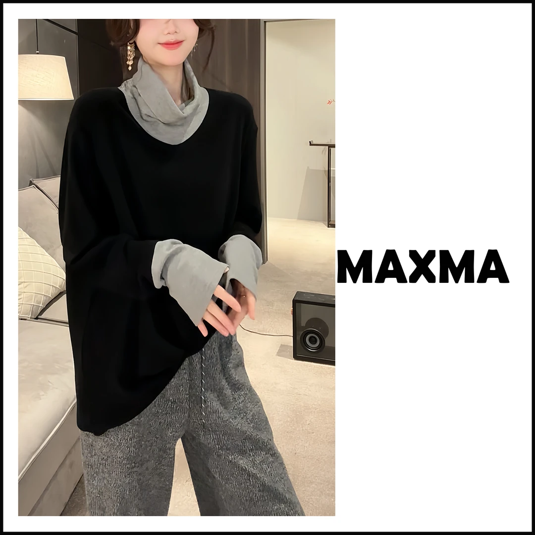 【拼色堆堆领】慵懒风磨毛绒感oversize高领宽松冬季长袖打底T恤女