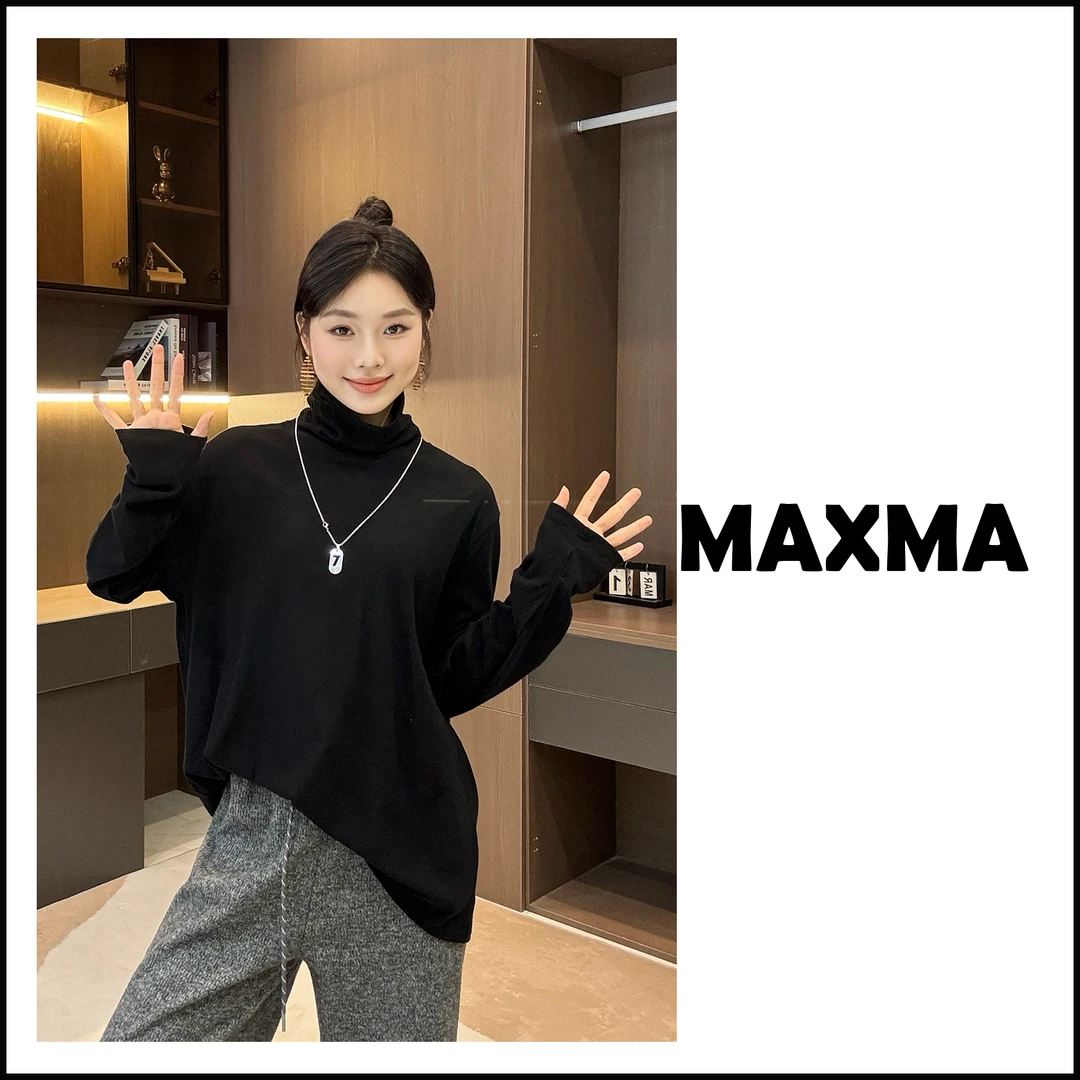 【堆堆领】慵懒风磨毛绒感纯色oversiz高领宽松冬季长袖打底T恤女