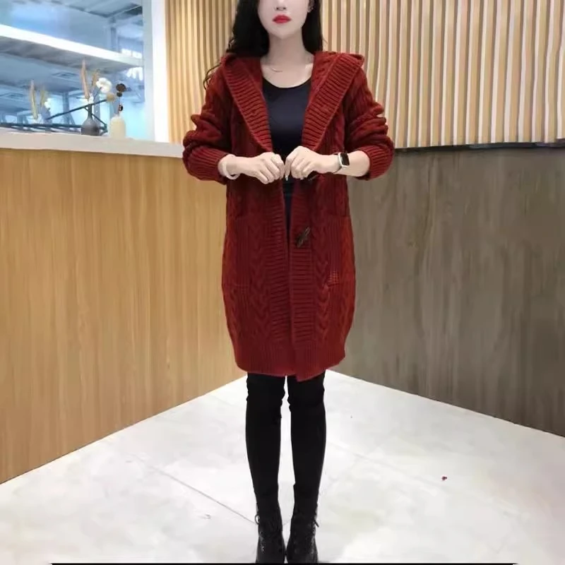 新款小个子开衫女连帽加厚针织宽松上衣秋冬中长款大码妈妈装外套