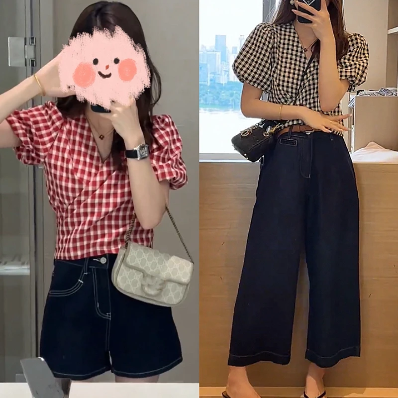 短袖上衣格子衬衫牛仔裤套装显瘦高腰夏季短裤两件套2024新款休闲