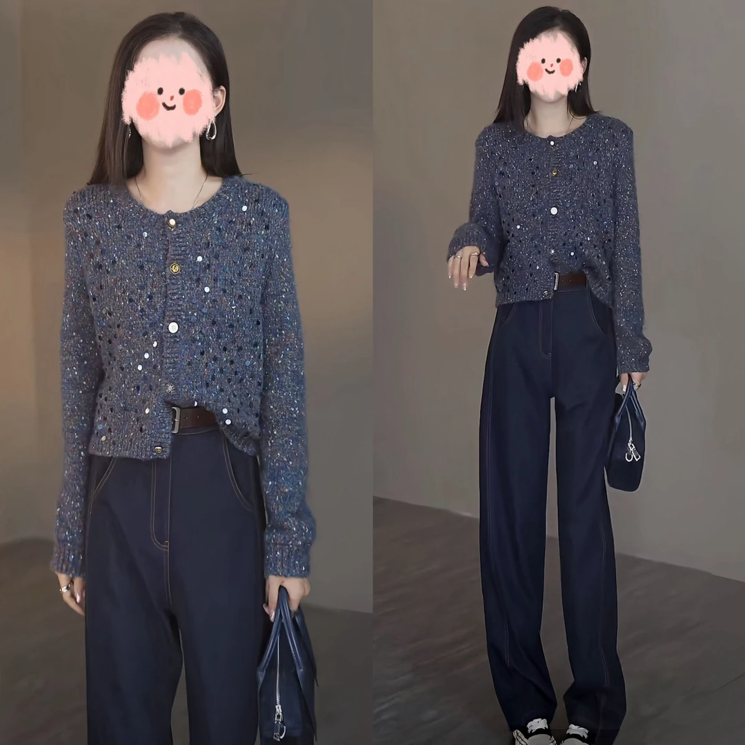 2025秋冬新款时尚洋气亮片针织毛衣+牛仔裤气质两件套爆款套装女