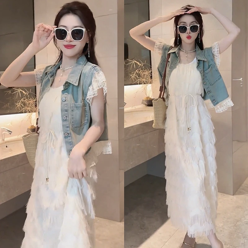 连衣裙裙子套装显瘦气质时尚秋冬韩版女装牛仔网红吊带裙复古秋冬