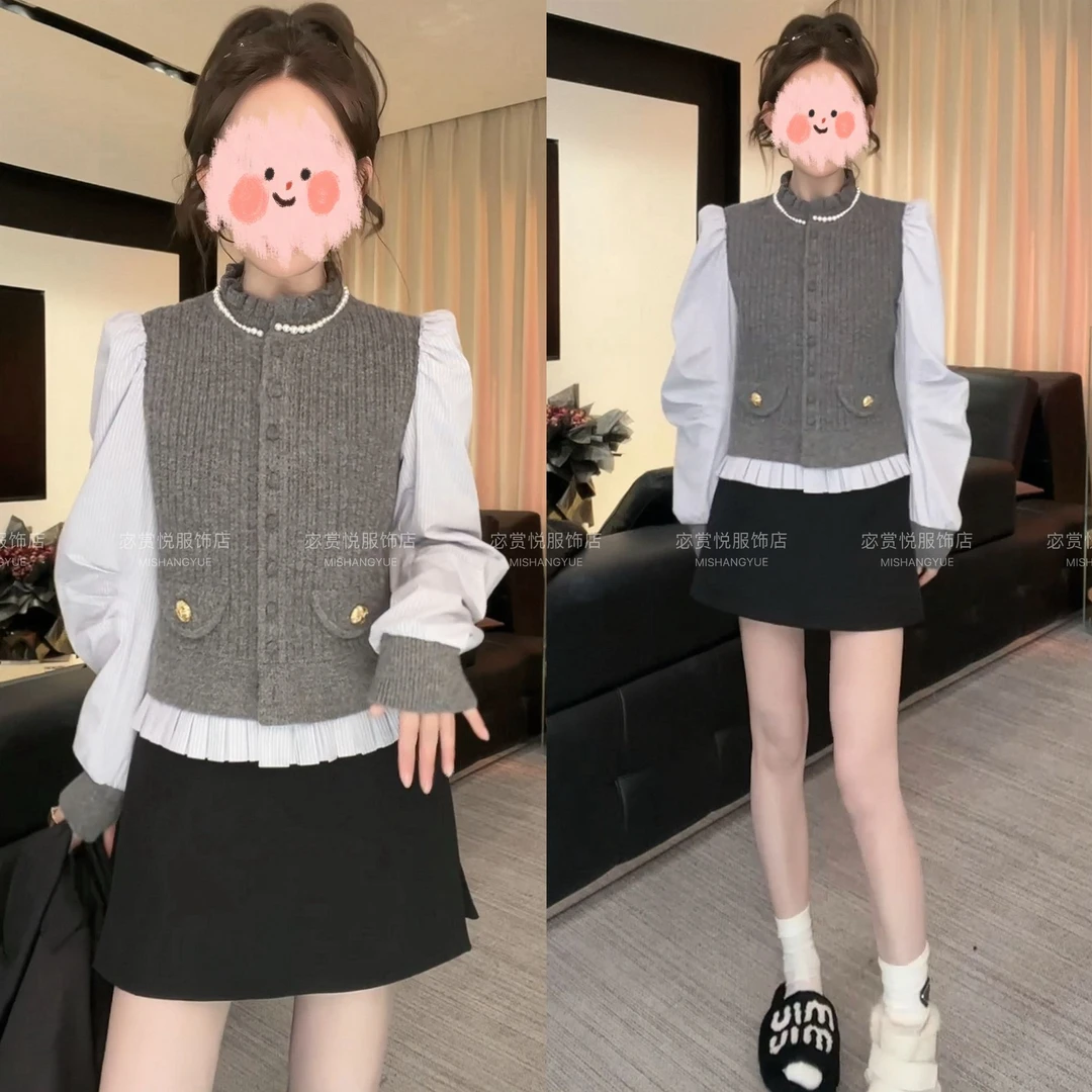 秋冬新款假两件小香风拼接毛衣+短裙两件套时尚洋气减龄套装百搭