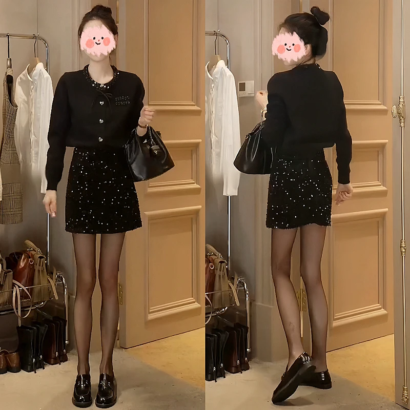 秋季新款时尚洋气网红重工定钻针织衫+亮片半身裙两件套时髦套装