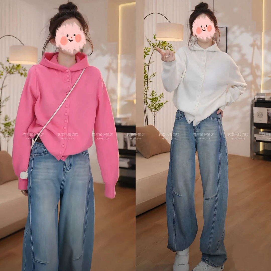 2024冬季新款韩版时尚减龄单排扣毛衣外套+加绒牛仔裤两件套套装