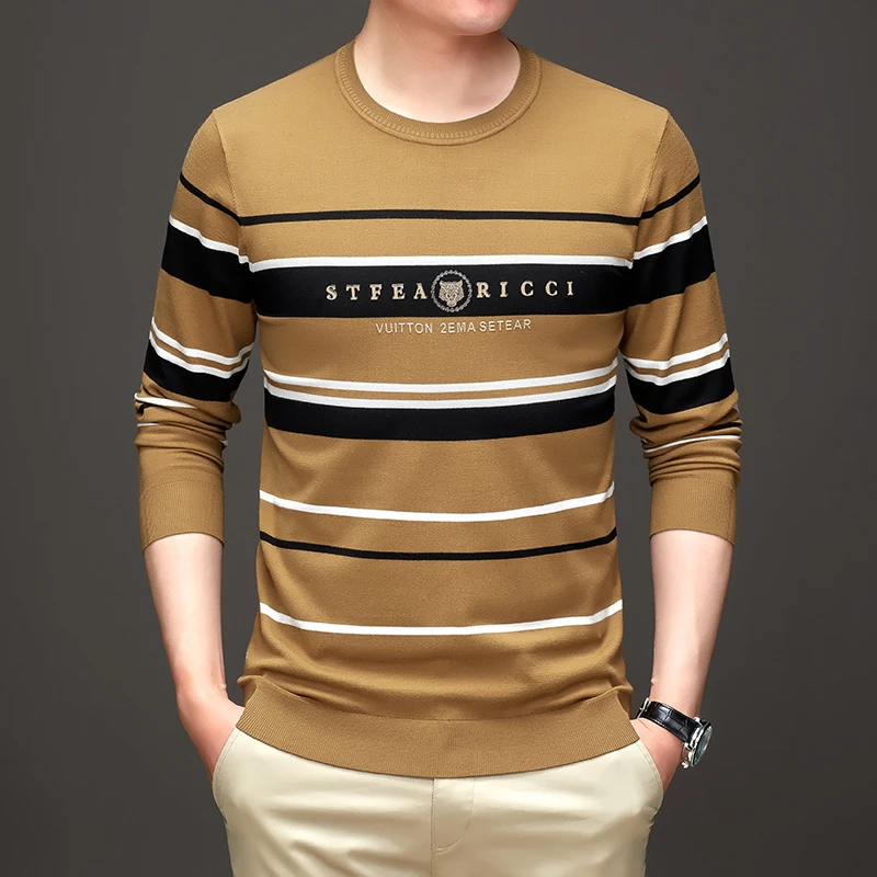 春秋男士新款高档绢丝绒薄款针织衫圆领弹力烫钻提花条纹休闲男装