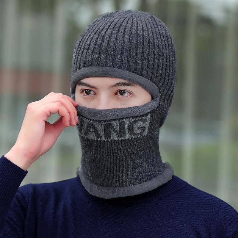 男士一体帽子秋冬季款保暖加绒加厚毛线帽冬天防风骑车连体套头帽