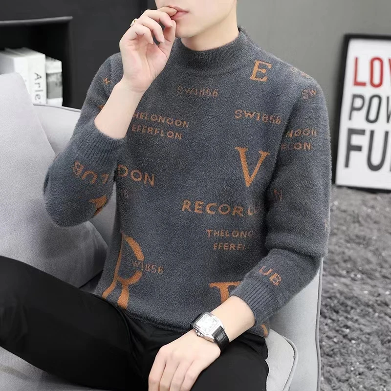 不起球 秋冬季男士水貂绒加绒保暖毛衣加厚半高领打底衫内衣男装