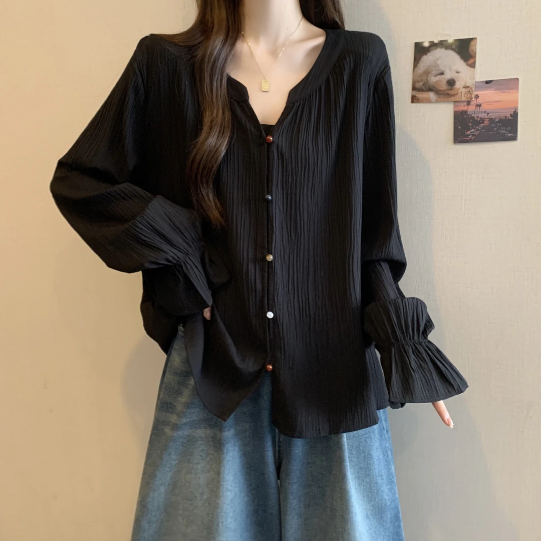 大码女装法式荷叶边遮肚子小众衬衫女春秋胖妹妹显瘦V领雪纺上衣