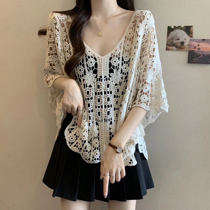 大码女装法式钩花镂空外穿针织罩衫女夏季胖妹妹宽松百搭减龄上衣