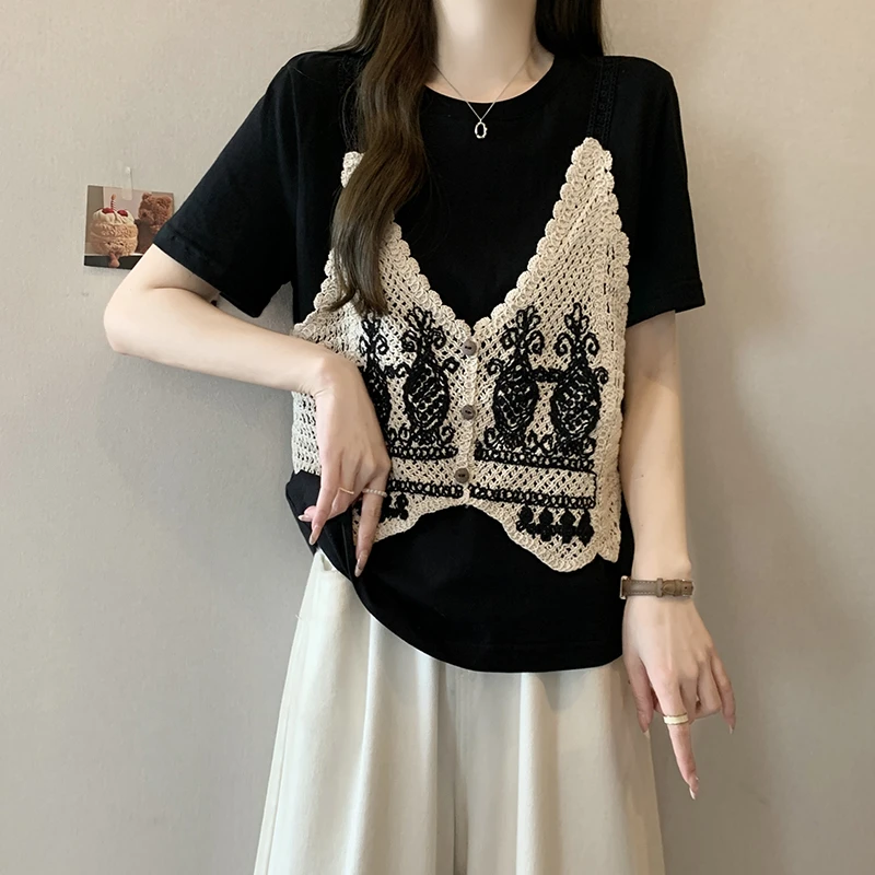 大码针织勾花拼接假两件短袖t恤女夏季胖mm显瘦遮肉减龄百搭上衣