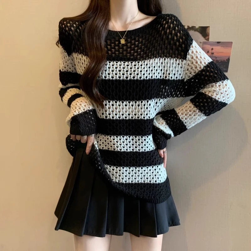 黑色镂空条纹针织衫女装秋冬新款大码胖mm显瘦宽松毛衣打底衫上衣