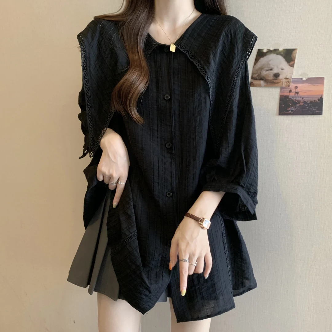 大码女装胖mm法式高级感衬衫2025新款夏季宽松遮肚小衫七分袖上衣