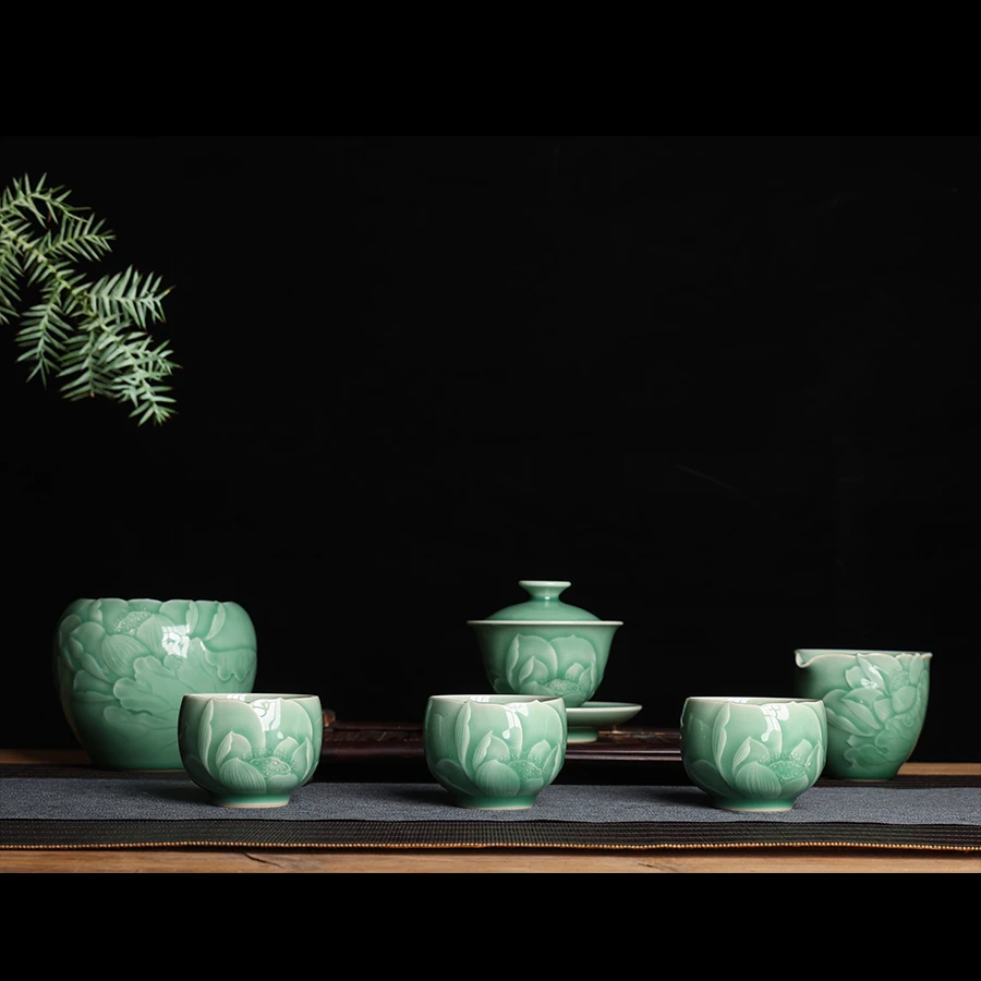 龙泉青瓷功夫茶具茶壶主人杯家用高档泡茶杯高端梅子青釉盖碗礼品