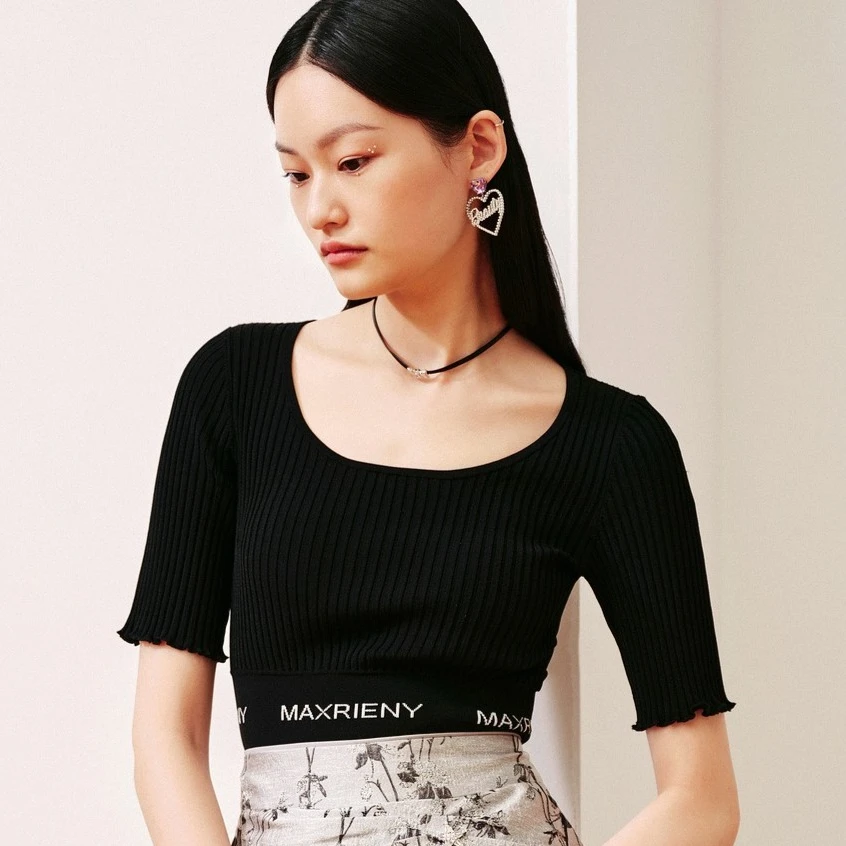 MAXRIENY辣妹风U领修身短款针织衫内搭夏季截短上衣女..MS88SW305