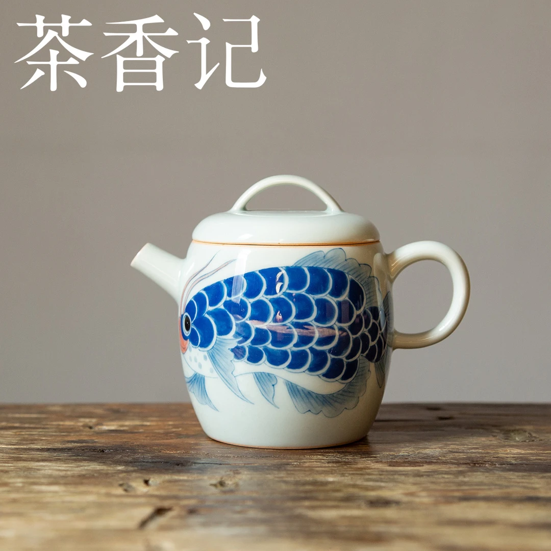 茶香记 手绘龙鱼得宜鼓型壶瓷壶160ml国潮手绘泡茶壶青花功夫茶具