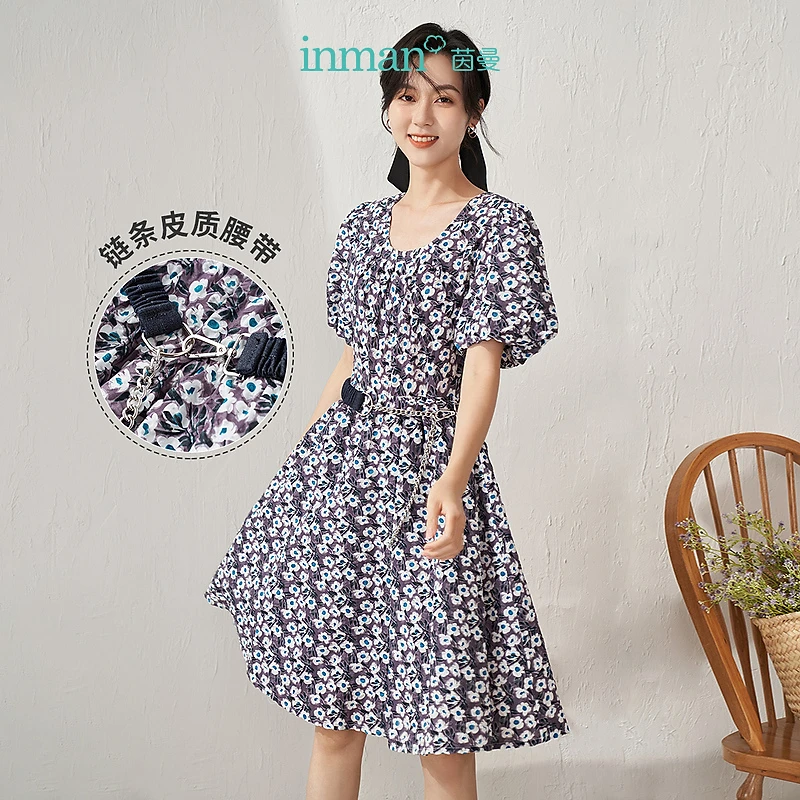 【商场同款】茵曼印花连衣裙女泡泡袖收腰气质伞裙子