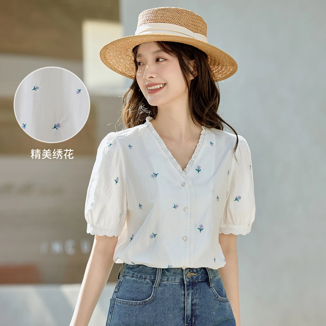 【度假穿搭】茵曼夏季女衬衫气质白衬衫短袖泡泡袖刺绣小休闲纯爆款