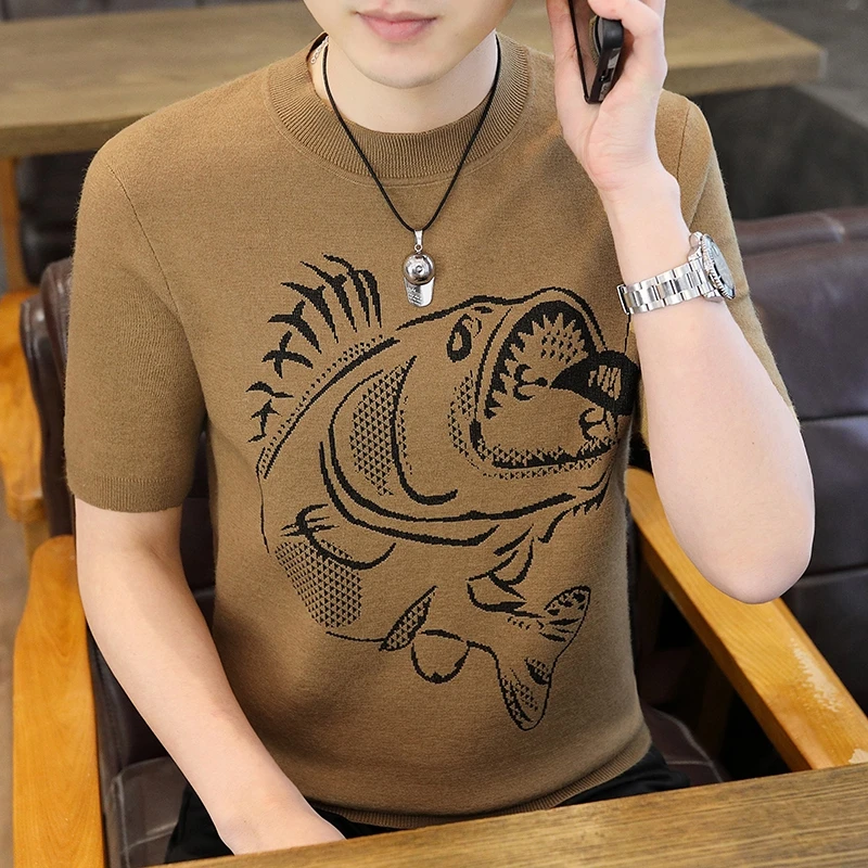 高档针织毛衣百搭短袖男士春秋季加厚洋气打底衫T恤上衣品质男装