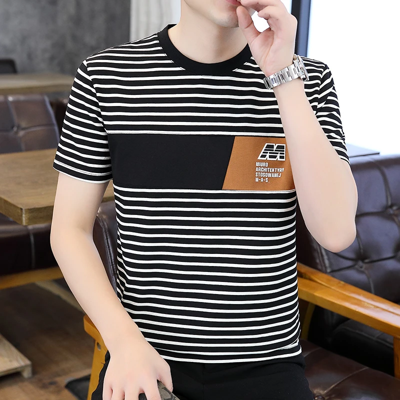 高档条纹短袖T恤男士夏季时尚百搭半袖休闲品质男装上衣体恤33006