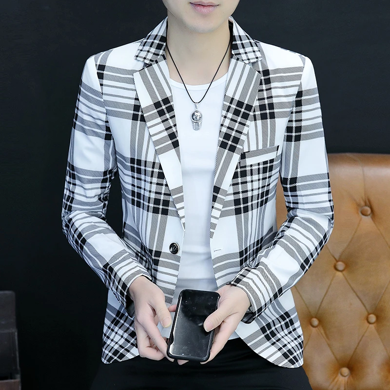 高档格子西装外套男春夏季休闲时尚潮流修身西服上衣品质男装2020
