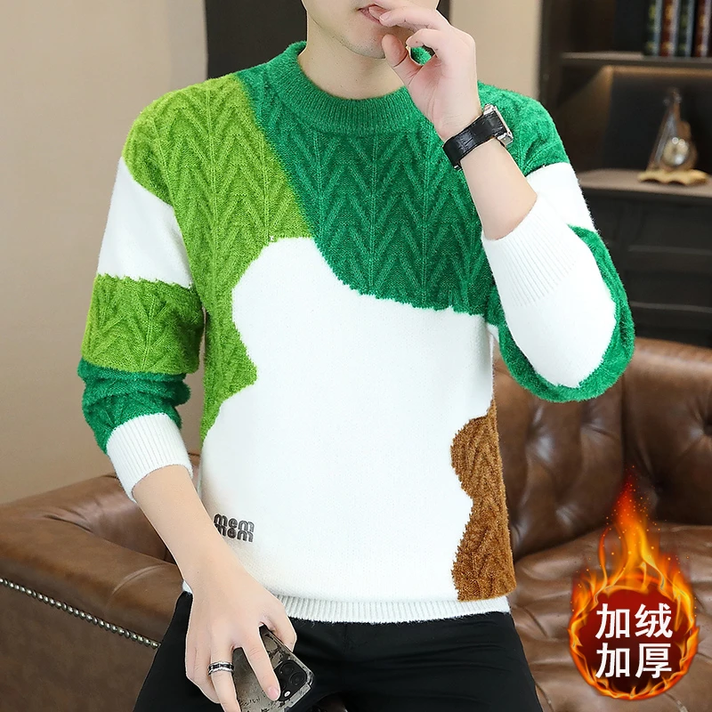 高档圆领拼色一体绒加厚毛衣男士秋冬时尚打底针织衫品质男装7175