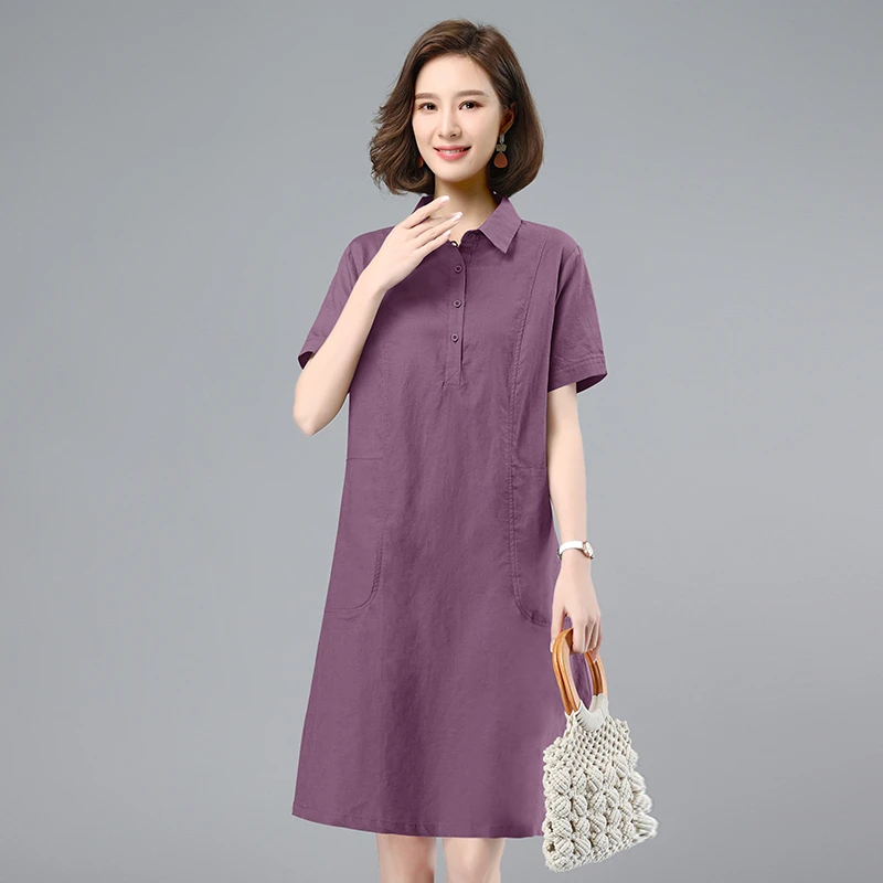 亚麻连衣裙女短袖2025夏季新款妈妈宽松休闲显瘦遮肉中长款棉麻裙