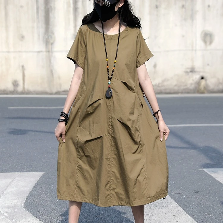 夏季2024新款显瘦连衣裙大码宽松休闲中长款百搭时尚收腰纯色裙子