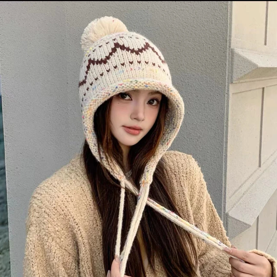 【D210】针织毛球流苏包头帽